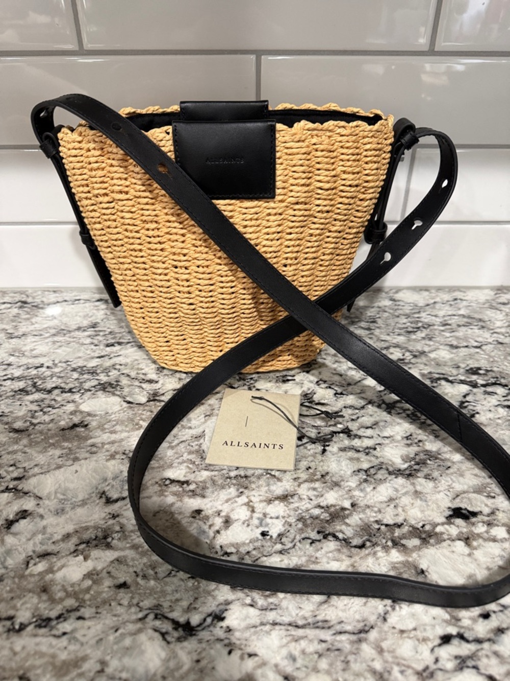 AllSaints Black-Strap Beige Straw Crossbody Bucket Bag